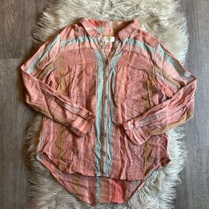 🌼 Anthropologie Mauve button down shirt boho woven pink blue Small